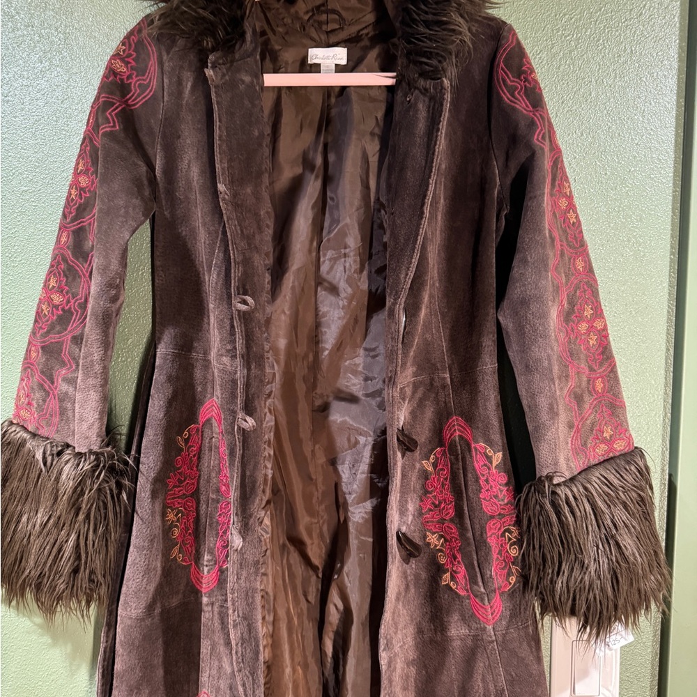 Brown Leather and Pink Embroidered Coat with Faux Fur Trim - Picture 4 of 5
